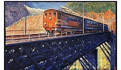 Illustration d'un train orange sur un pont ferroviaire au-dessus d'un paysage avec des maisons et des montagnes
