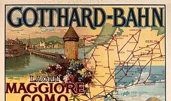 Carte historique du chemin de fer Gotthard-Bahn avec les lacs Majeur, de Côme et de Lugano et horaires de 1895