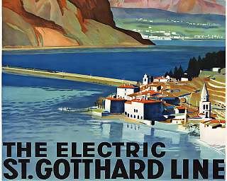 Paysage montagneux avec lac, village et train électrique sur la ligne St. Gotthard