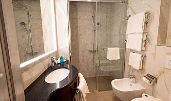 Salle de bain moderne avec lavabo, bidet, douche avec paroi en verre et serviettes blanches