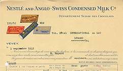 Facture de 1932 de Nestl e9 et Anglo-Swiss Condensed Milk Co. pour chocolat destinée à l'Hôtel International Lugano