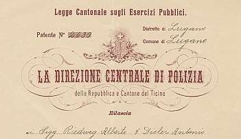 Document officiel de licence pour établissement public délivré à Lugano en 1908