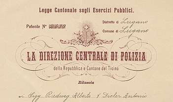 Document officiel de licence pour établissement public délivré par la Direction Centrale de la Police du Tessin