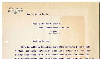 Lettre dactylographiée de 1906 adressée à un hôtel avec signature autographe