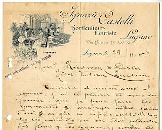 Lettre commerciale manuscrite de 1905 avec en-tête d'un fleuriste à Lugano