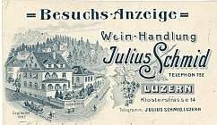 Illustration d'une maison avec vignoble et texte publicitaire pour Julius Schmid à Lucerne
