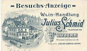 Illustration d'un bâtiment historique avec des vignobles et texte publicitaire pour Julius Schmid à Lucerne