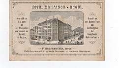 Carte de visite vintage avec illustration d'un grand bâtiment hôtelier et texte en français et en allemand