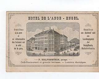 Carte de visite vintage avec dessin d'un grand bâtiment hôtelier et texte en français et allemand