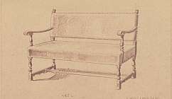 Croquis au crayon d'un canapé ancien avec accoudoirs et pieds tournés