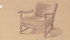 Dessin au crayon d'un fauteuil classique avec accoudoirs et pieds sculptés