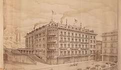 Dessin architectural d'un grand hôtel historique avec des drapeaux et des détails décoratifs