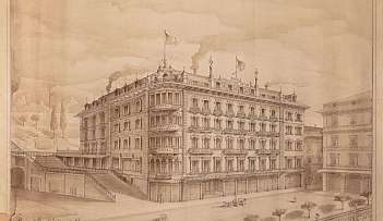 Dessin architectural d'un grand hôtel historique avec des drapeaux et des détails décoratifs
