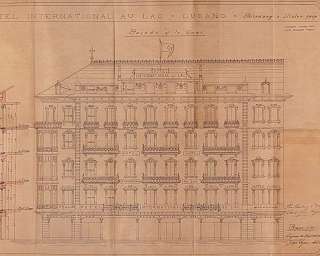 Dessin technique de la façade de l'Hotel International au Lac à Lugano avec des détails architecturaux