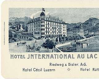 Illustration historique de l'Hôtel International sur le lac de Lugano avec montagnes et calèches