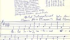 Page avec texte écrit à la main et partition musicale pour quatre voix