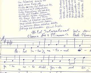 Page avec texte écrit à la main et partition musicale avec notes et paroles en allemand