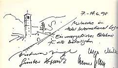 Page avec écritures manuscrites, signatures et un dessin d'une tour