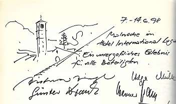 Page avec écritures manuscrites, signatures et un dessin d'une tour