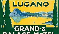 Illustration vintage du Grand Palace Hotel à Lugano avec lac et montagnes en arrière-plan