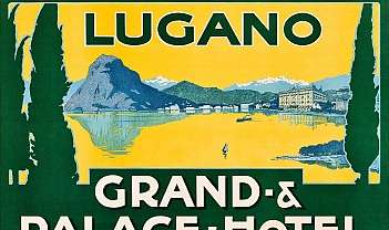 Vintage illustration of the Grand Palace Hotel in Lugano with lake and mountains in the background