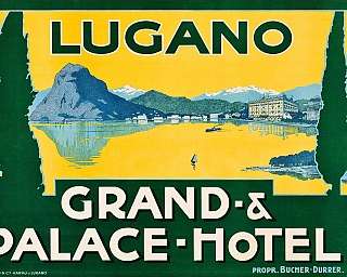 Illustration vintage du Grand Hotel à Lugano avec lac, montagnes et arbres