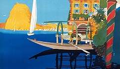 Illustration of Lugano with boat, colourful buildings and blue lake under clear sky