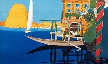 Illustration de Lugano avec bateau, bâtiments colorés et lac bleu sous un ciel clair