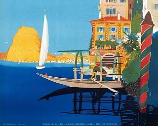 Illustration de Lugano avec bateau, bâtiments colorés et lac bleu