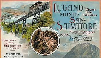 Illustration vintage du funiculaire Lugano Monte San Salvatore avec paysage et lac