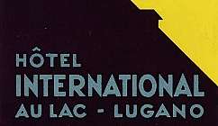 Stylised poster with mountains, lake and building silhouette for Hotel International in Lugano