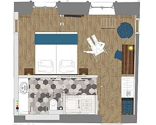 Projet d'une chambre avec vue sur le lac et les montagnes.