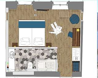Projet d'un appartement avec vue sur le lac et disposition des espaces.