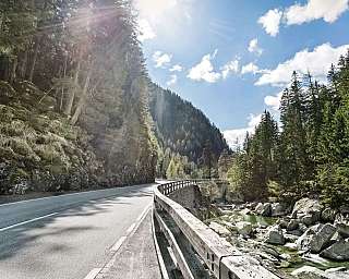 Vue d'une route entourée d'arbres et de rochers.