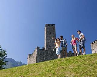 Four friends explore a castle on a sunny day.