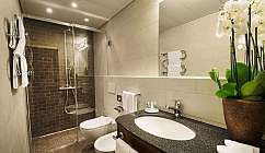 Interno di un bagno con doccia, lavabo e piante decorative.