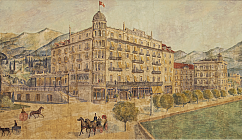 Peinture d'un hôtel historique avec des calèches tirées par des chevaux et un paysage montagneux en arrière-plan