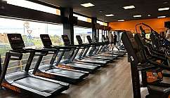 Multiple treadmills lined up in a gym with large windows and wooden flooring