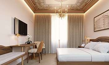 Interior of a hotel room with refined decorations.