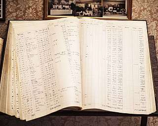 A large book with records and handwritten pages.