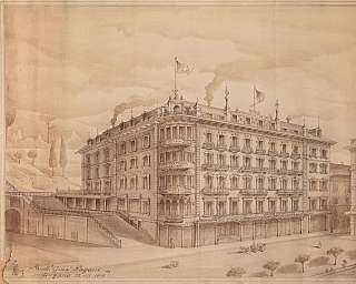 Disegno architettonico dell'Hotel International a Lugano del 1905 con dettagli della facciata e bandiere